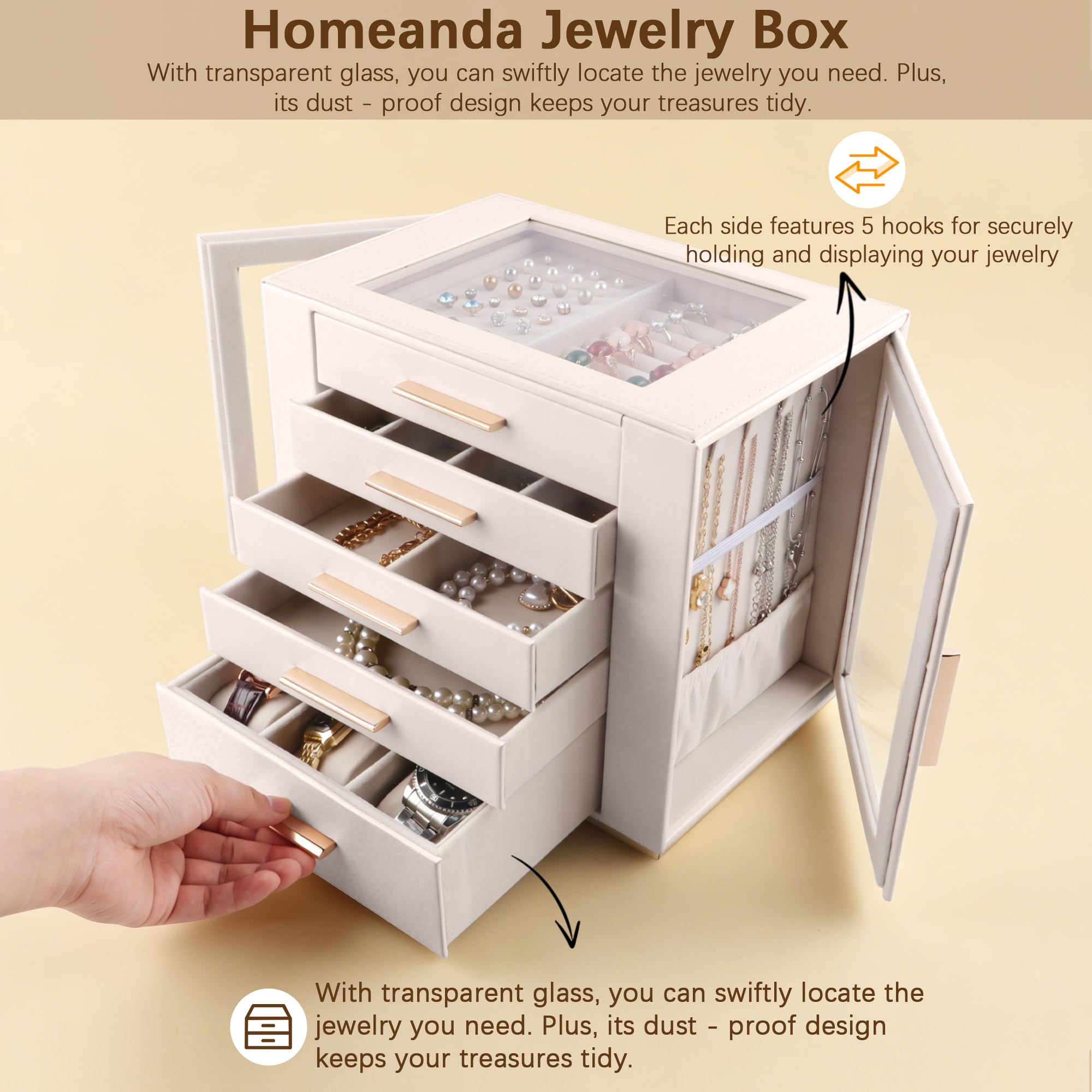 Homeanda Großes Schmuckkästchen für Frauen - 5 Lagen PU Leder Aufbewahrungsbox für Ringe, Ohrringe, Halsketten, Armbänder, Uhren & Haarschmuck（Beige）