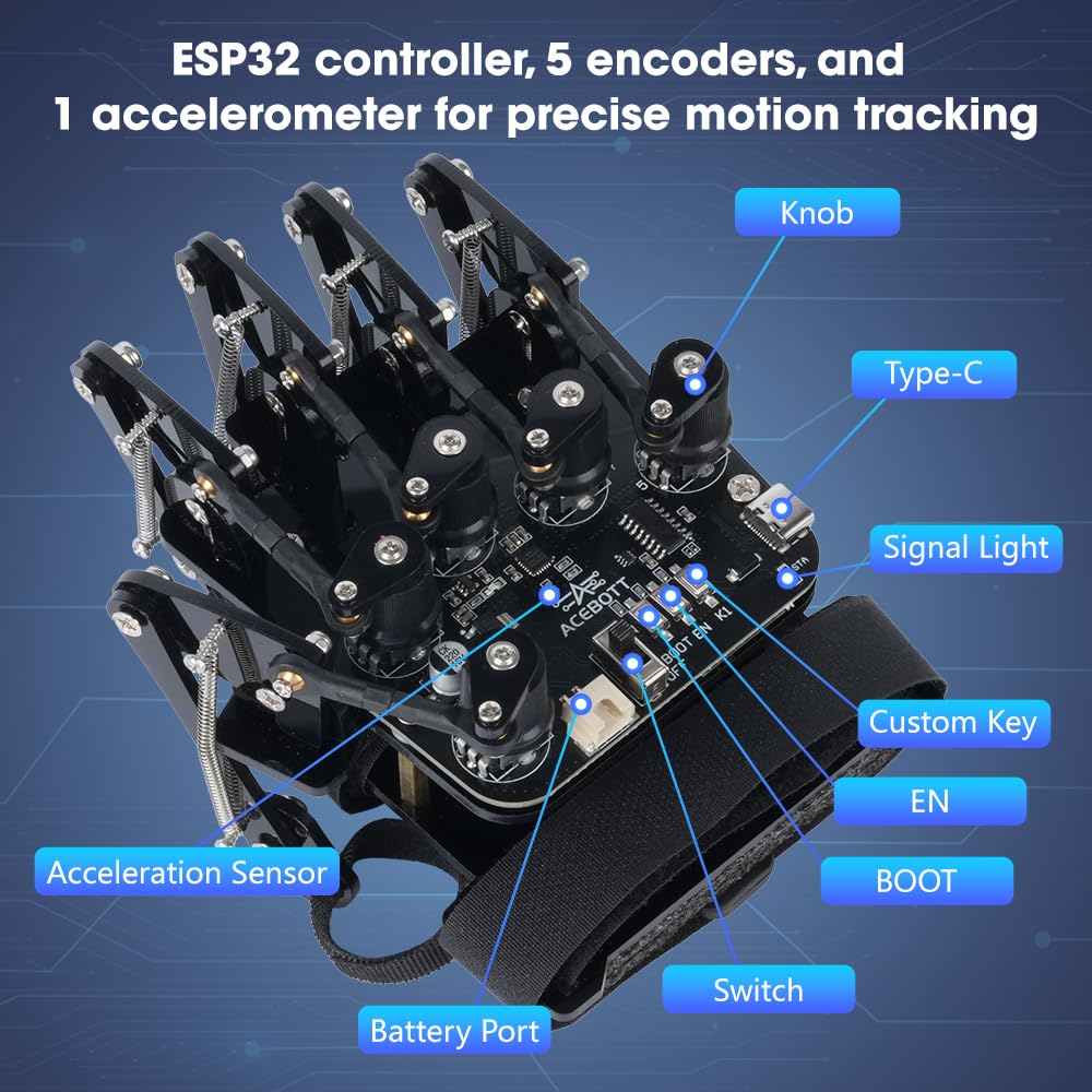 Guanto wireless ESP32 con rilevamento del movimento, supporta Arduino, ACECode e Python, kit robot fai da te, mano meccanica, giocattolo STEM, braccio a cinque dita per codificare, kit robot