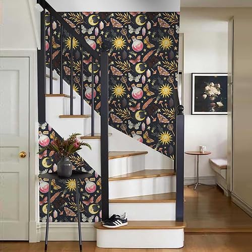 Miniatura 6 de BEETAL Black Navy Fantasy Magical Sun Moon Crystal Butterfly Mushroom Stars - Papel tapiz adhesivo fácil de despegar y pegar, papel adhesivo