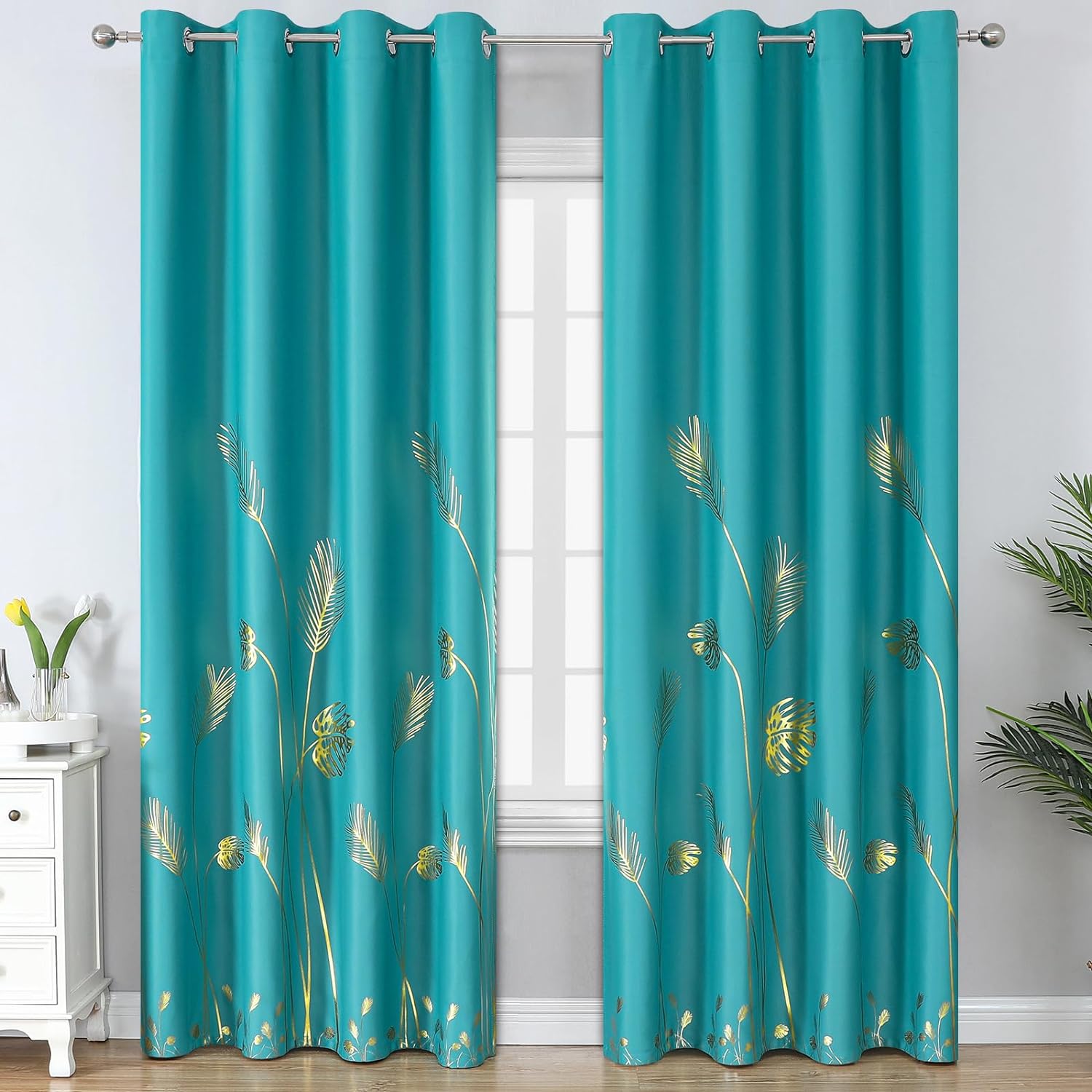 Estelar Textiler Teal Blackout Curtains 84 Inches Long, Grommet Curtains with Gold Palm Tree Pattern, Light Blocking Thermal Insulated Window Drapes for Bedroom, 52Wx84L, 2 Panels 52"W x 84"L (Pack of 2) Teal/Gold Print