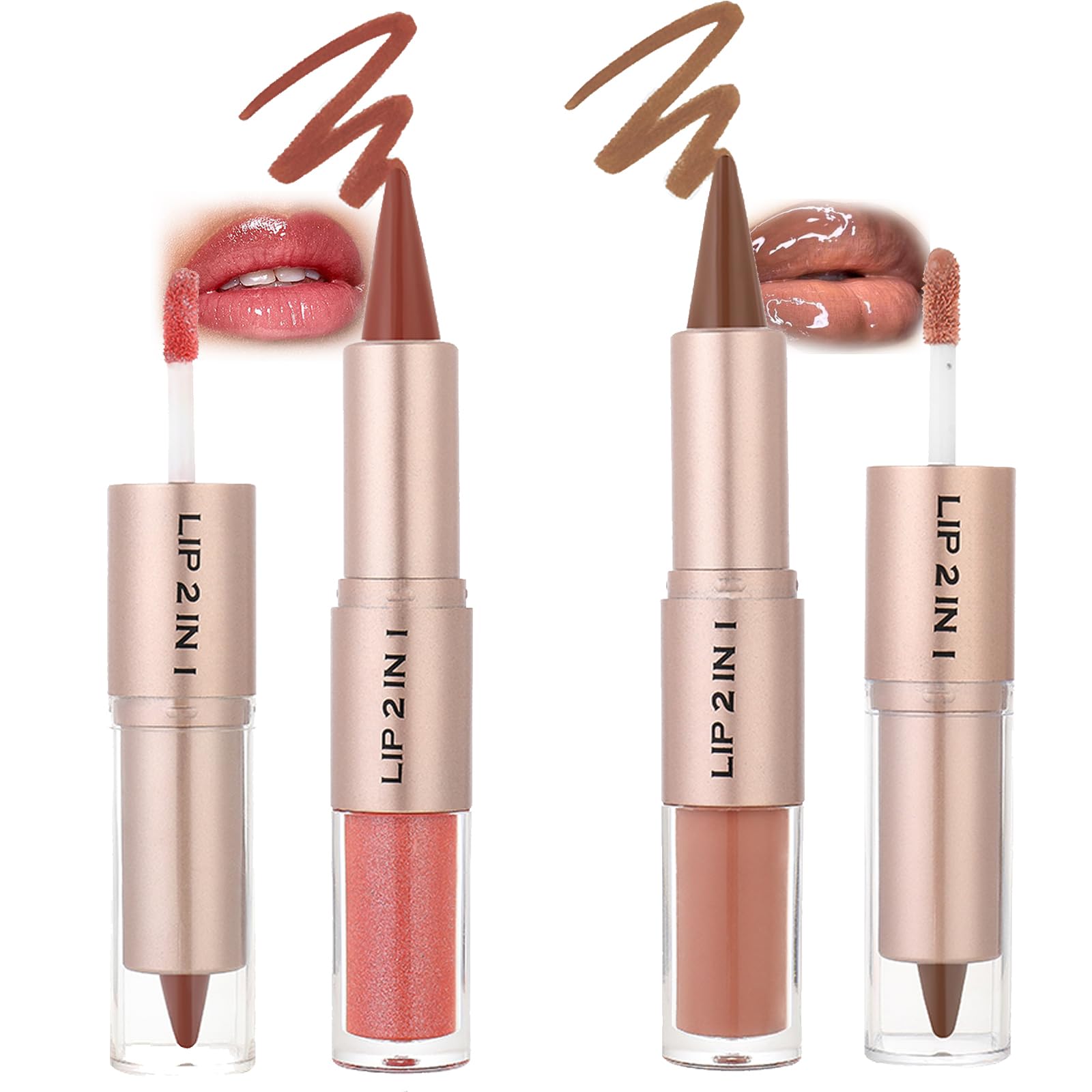 2PCS Lip Liner Gloss Lip Combo Set,2in1 Lip Duo Natural Nude Brown Lip Liner Lipstick Glossy Long Lasting-Plumping,Smooth Quick Fuller Plumping Juicy Lip Makeup for Women(Chocolate+Cherry Red)