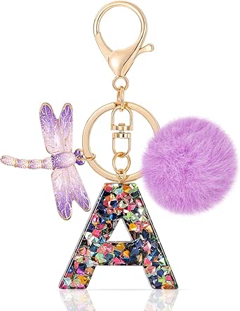 MWOOT Letter Keychain Iniziale Portachiavi Lettera A Resina, Alfabeto Keyring con Ciondolo a Forma Nappina Libellula, Portachiavi Charm con Verde Signora Borsetta Portafoglio Decoro (A