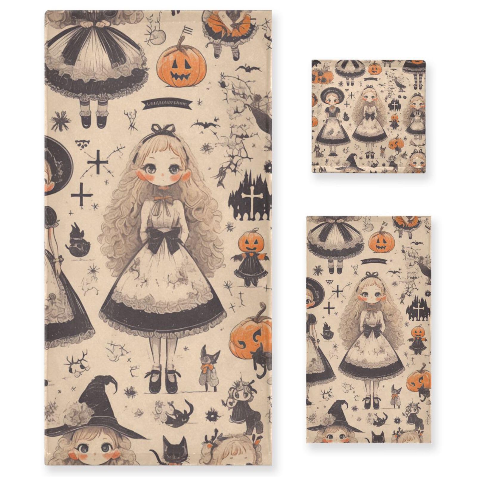 Set di 3 asciugamani morbidi per il viso con zucca di Halloween in stile gotico, 1 asciugamano da bagno, 1 asciugamano per le mani, 1 panno per yoga, bagno e cucina