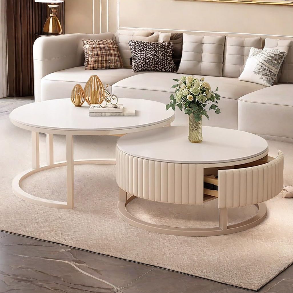 Runder Couchtisch Weiß 2er Set Wohnzimmertisch Rund Für Wohnzimmer, Metallgestell+8mm Verdickte Felsplatte (70cm+50cm)