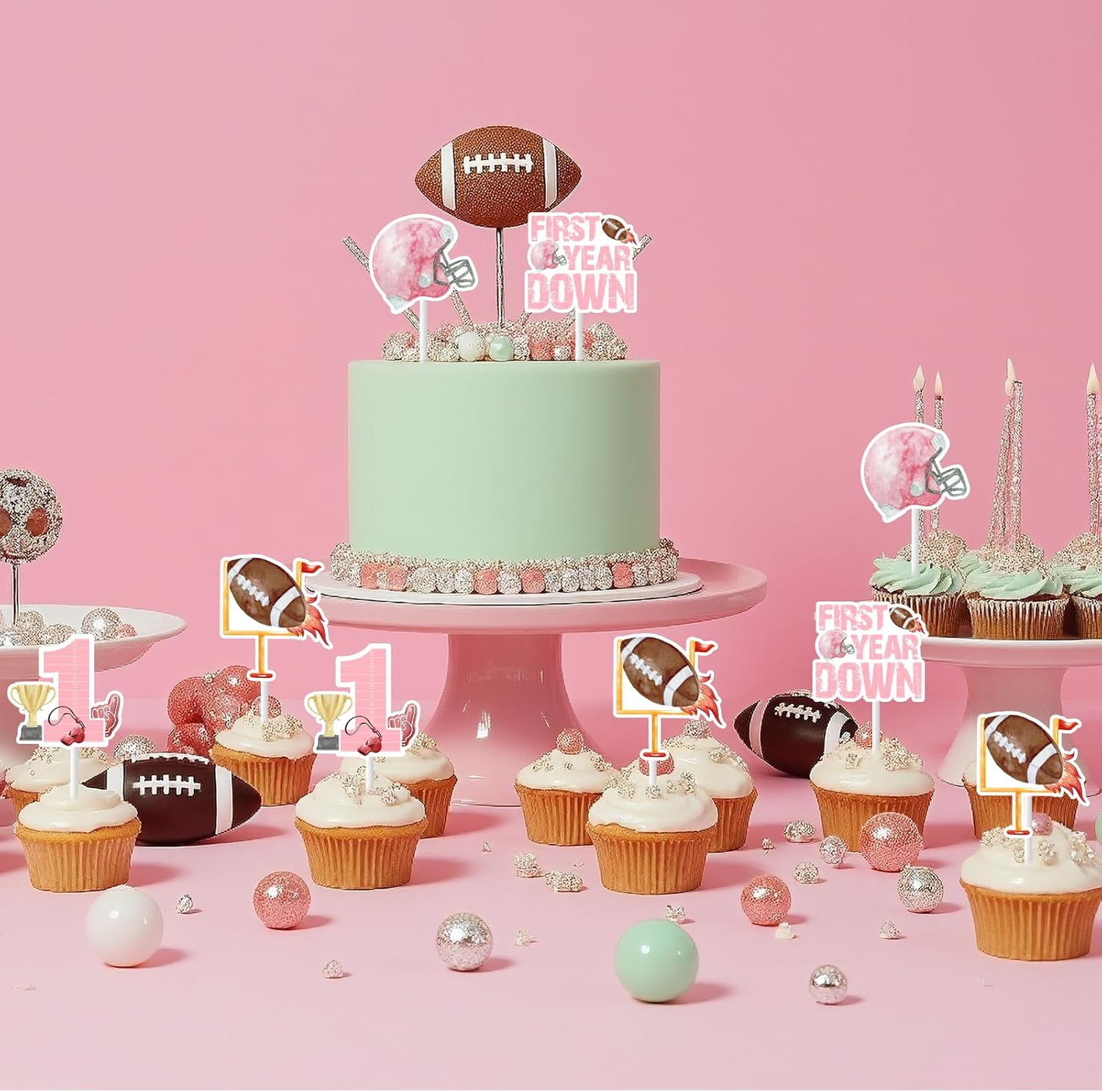 36 Pcs Pink First Year Down Cupcake Toppers Girl, Football 1st Birthday Party Decorations, Double Sided Football Touch Down Birthday Cake Decor for Sports Party