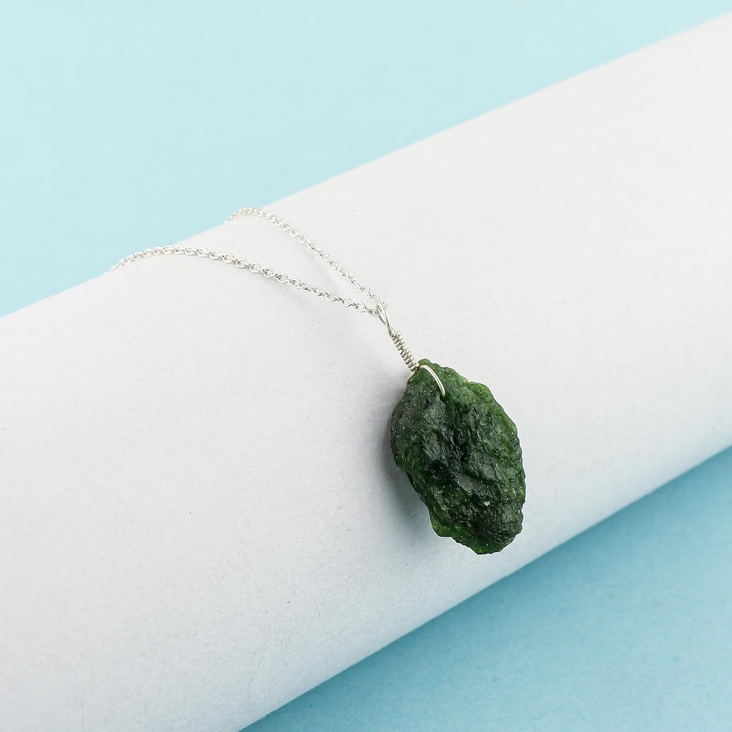 Natural Tsavorite Green Garnet Gemstone Raw Crystal Pendant Necklace, Birthstone, Healing Crystals, Silver Jewelry 18 inch (1 PENDANT) - Image 3