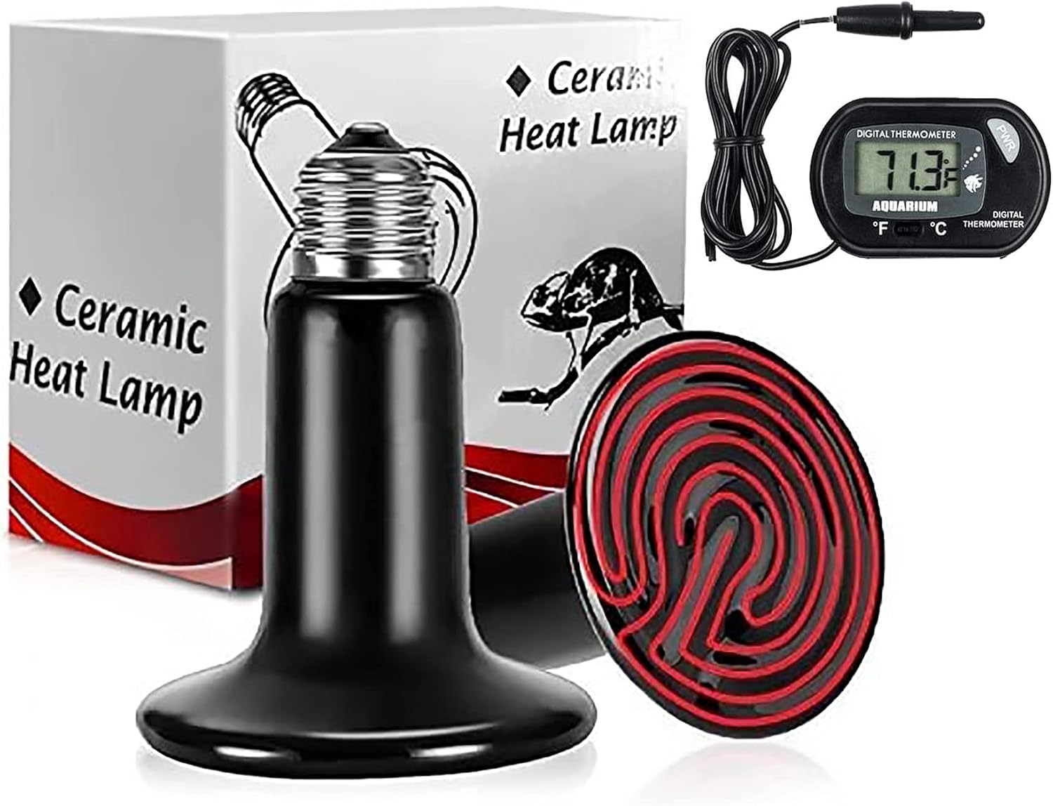 Toolazy 2 Pack 100W Ceramic Heat Lamp with 1-pcs Digital,Infrared Reptile Heat Emitter Heater Bulb for Pet Lizard Turtle Snake Chicken…