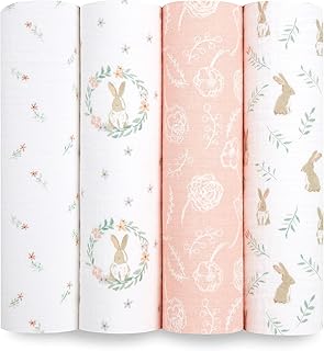 aden + anais blushing bunnies Swaddle Blanket - Pack of 4| Large 100% Muslin Cotton Snug Wrap Set for Baby Girls | bunny, pink, flowers print designs Newborn & Infant Sleep Essentials, 112 x 112 cm