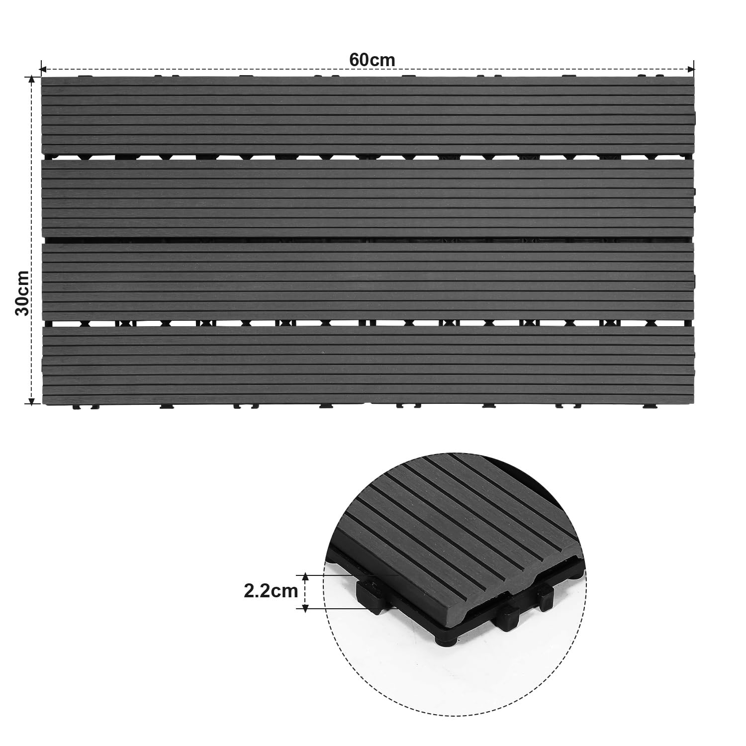 Daromigo WPC Terrassenfliesen 30x60cm 6er Set für 1m² Holzfliesen Balkon Bodenbelag Gartenplatten Terrasse Garten Balkonbodenbeläge, Anthrazit