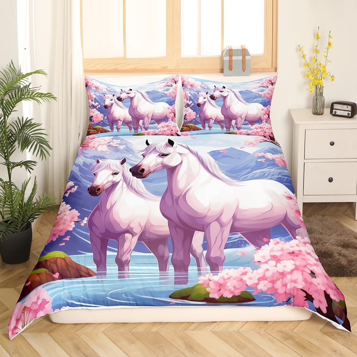 Erosebridal Horse Toddler Bedding Set,Pink Cherry Blossom Duvet Cover,Western Farmhouse Horse Quilt Cover for Girls Boys,Rustic Mountain Floral Bed Set Bedroom Decor,2Pcs (No Comforter)