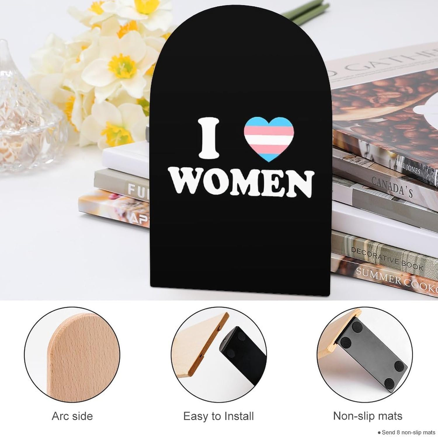 I Love Trans Women Cute Wood Book Ends Decorative Bookends 1 Pair Non-Skid for Shelves Home Office 7 X 5 Inch