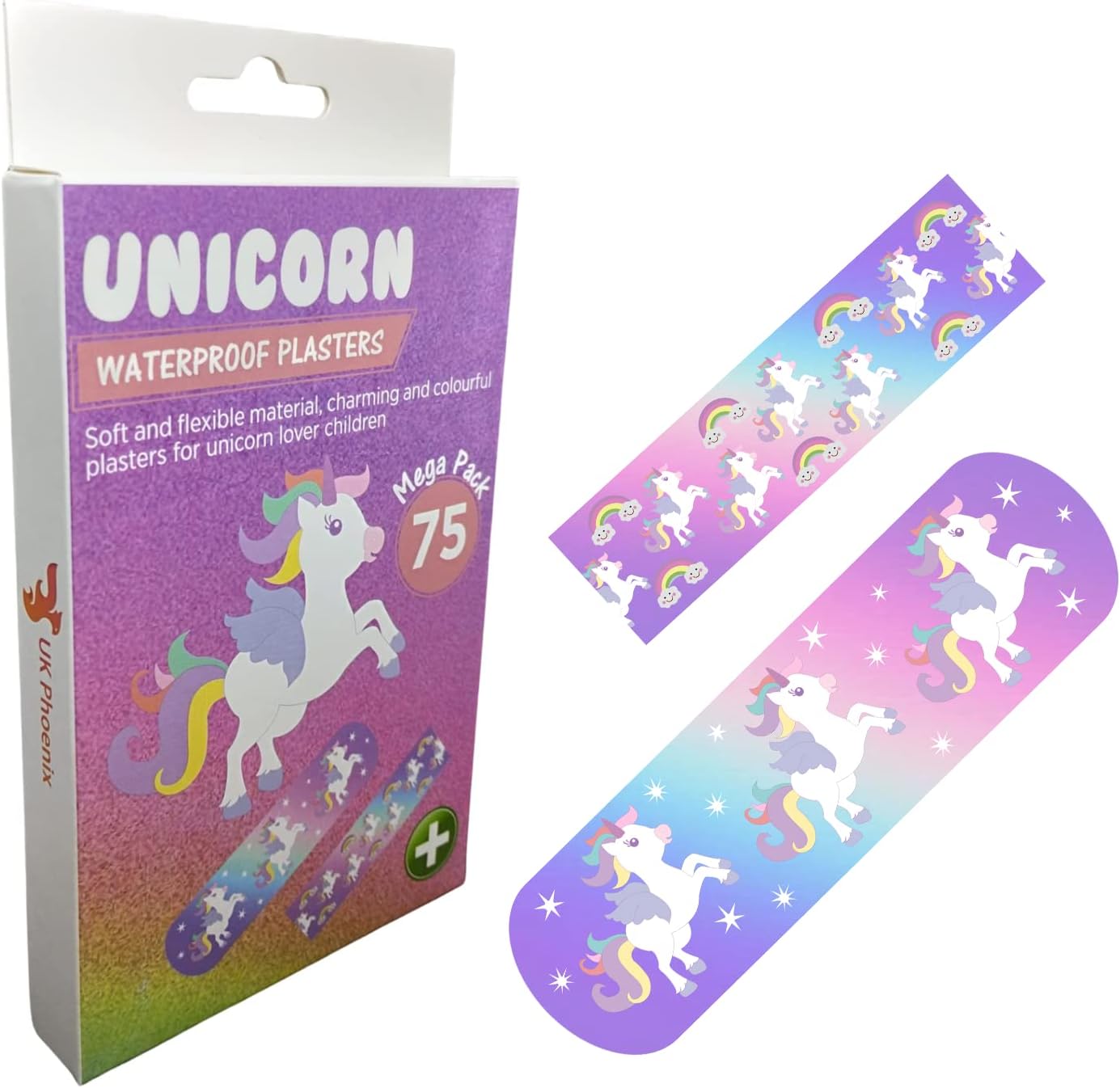 Magical Unicorn and Rainbow Plasters for Kids - 75 Piece Pack with Fun Designs, Flexible, Breathable, and Washproof in Two Assorted Sizes - Ideal for Kid's First Aid Kits