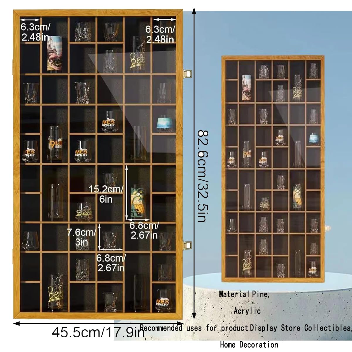 Vetrina in legno con porta chiudibile a chiave, mobiletto da parete per 52 bicchieri, ripiani rimovibili, ideale per la casa e il negozio