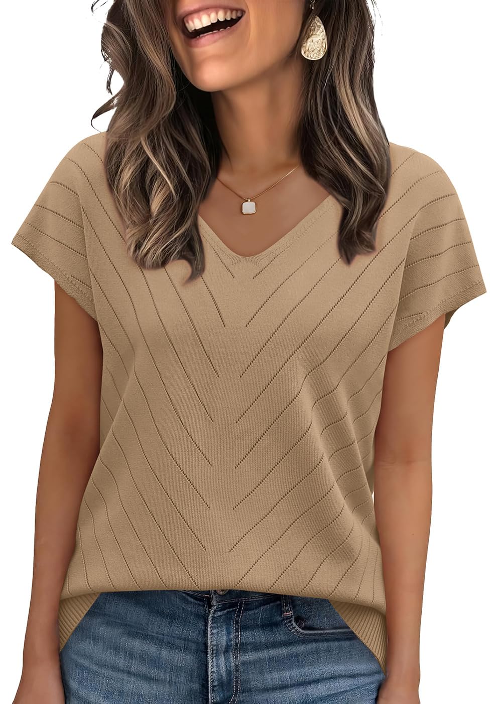 Photo 1 of WIHOLL Womens Tops Cap Short Sleeve Sweater Basic Summer Tops V Neck T Shirts Flowy Business Casual Outfits Work 2026 Trendy Travel School Outfits for Teachers Coffee S