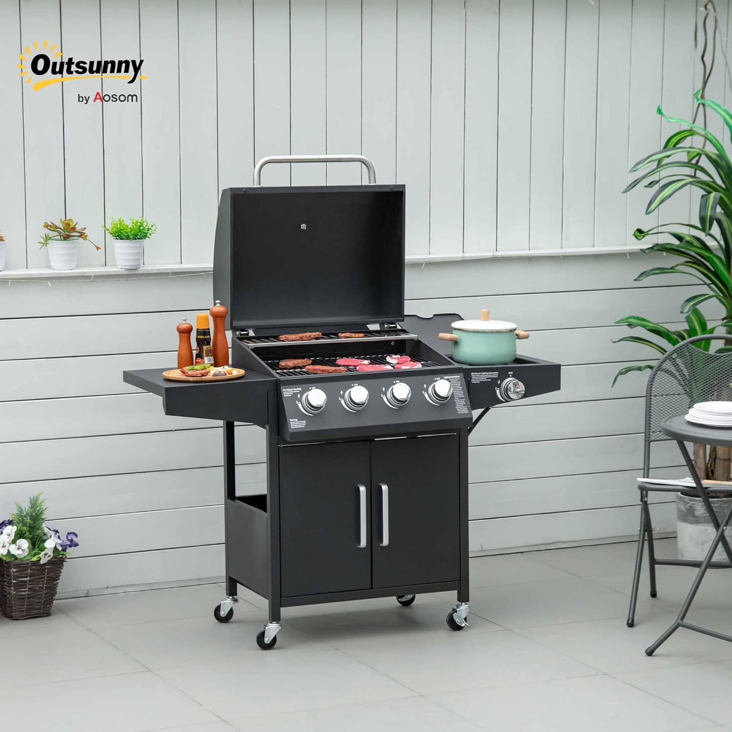 Outsunny 4 Burner Propane Gas Grill with Side Burner, 50,000 BTU Steel Outdoor Barbeque Grill, Cabinet, Shelf, Warming Rack, Thermometer, Wheels, Black