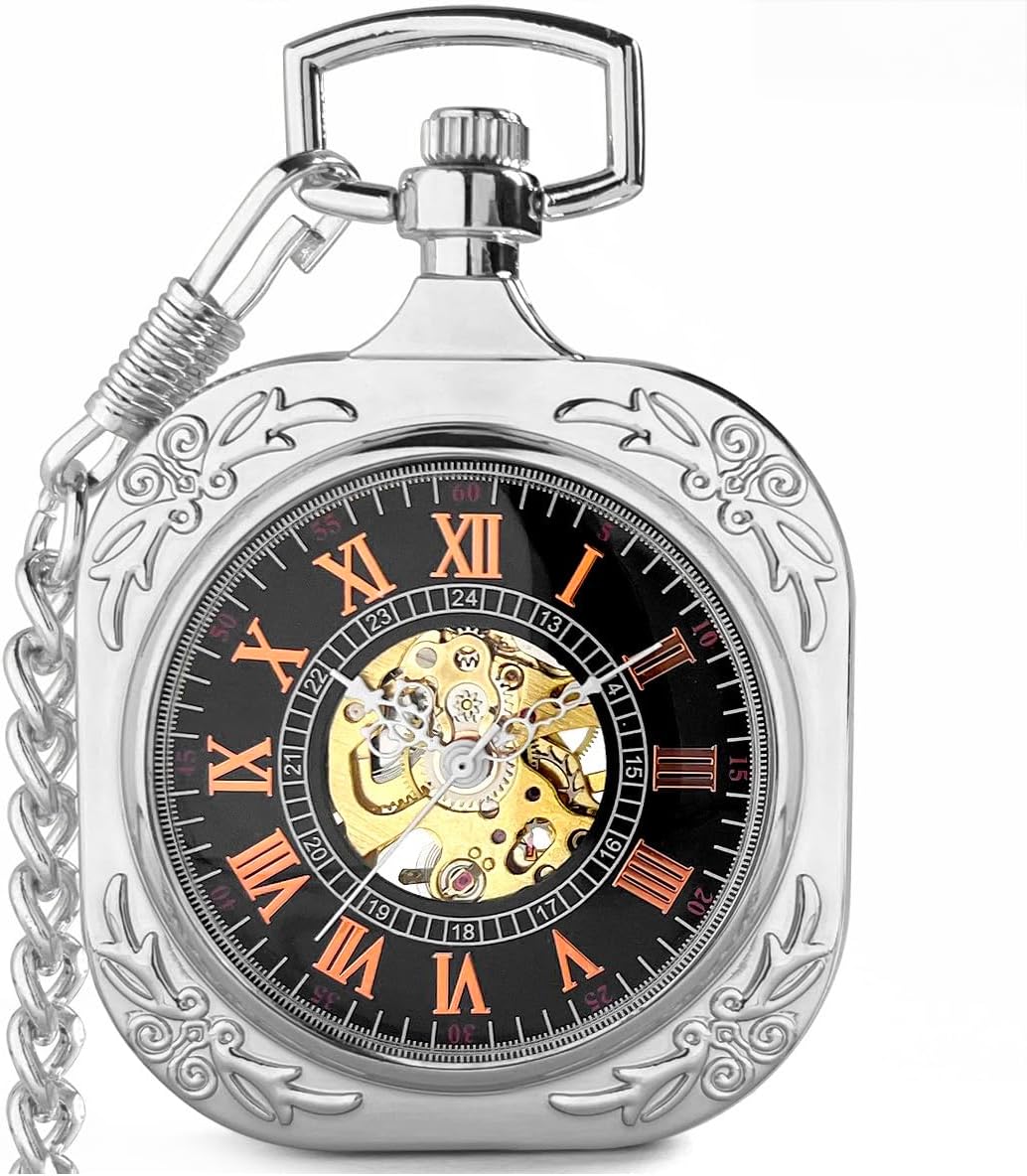 VIGOROSO Mens Classic Steampunk Pocket Watch with Chain Skeleton Hand Wind Mechanical Pocket Watches for Men & Women