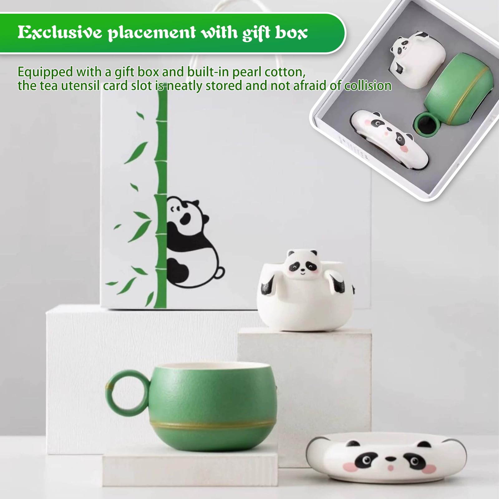OHAANYY Juego de tazas de té de panda, taza de té y café de cerámica con colador, platillo y cuchara, divertida taza de animales con separador de té, 240 ml, regalo creativo para mujeres (verde y