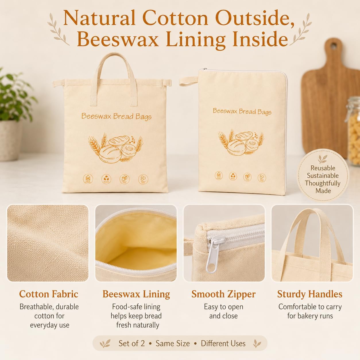 Reusable Beeswax Bread Bags for Sourdough & Homemade Bread | XL 2-Pack (13" W x 17" H) | Two Styles for Varied Use. Natural Cotton & Beeswax Eco-Friendly, Sustainable Gift for Bakers.