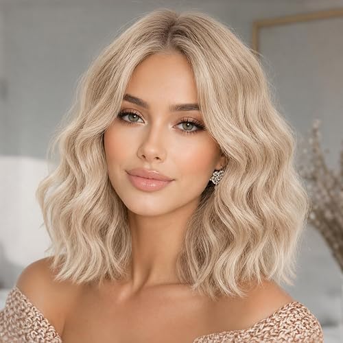 Eawwii Wigs for Women Honey Blonde Platinum,Short Wavy Synthetic Lace Wig