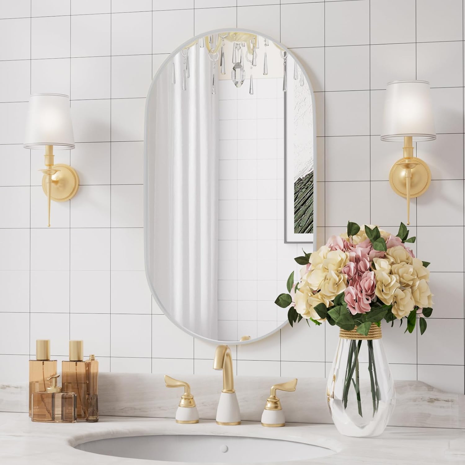 Protylctaster Oval Bathroom Mirror,20x28'' Silver Mirror,Wall Mirror,Bathroom Mirror Oval,Pill Shaped Mirror,Entryway (Silver)