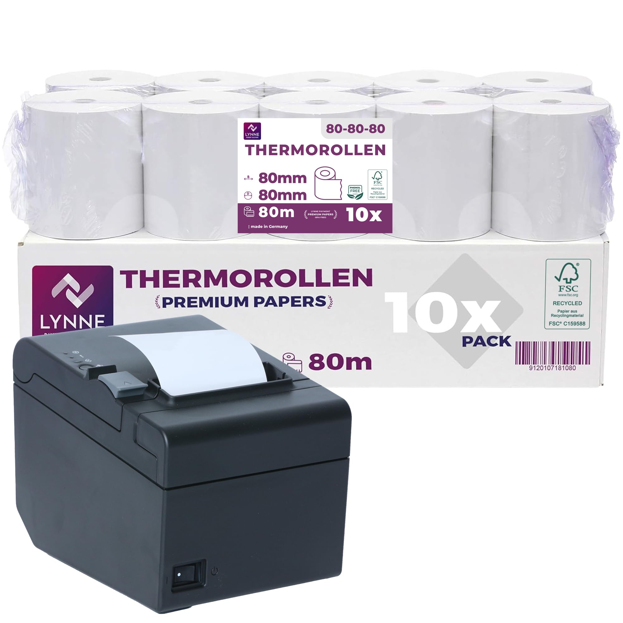 Rouleau Thermique 80x80x12 Bobine 80x80 pour Imprimante Thermique 80mm x 80m x 12mm Sans BPA 10x