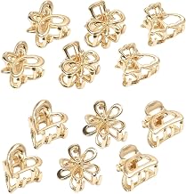 12 PCS Mini Gold Hair Clips, Small Metal Claw Hair Clips for Thin and Thick Hair, Cute Gold Flower Heart Butterfly Clips, Strong Hold Hairpins for Women