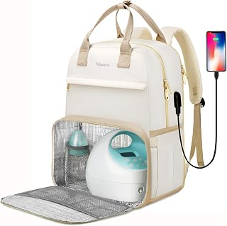 Mancro Breast Pump Bag Backpack with Insulated Pocket, TSA Pumping Bag for Working Mom, Breast Pump Travel Bag fits for Spectra S1, S2, Medela, Large Pump Laptop Bag with USB Charging Port, Beige
