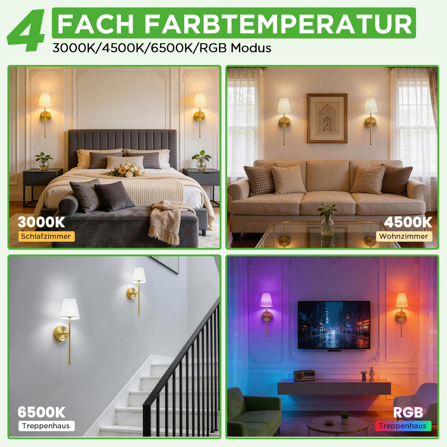 LUTEC Wandleuchten-Set (2 Stück), wiederaufladbare, kabellose Wandleuchten mit 5200 mAh Akku, RGB-Beleuchtung, dimmbar und mit Fernbedienung, 12 Farben, Wandleuchten für Schlafzimmer/Wohnzimmer/Flur