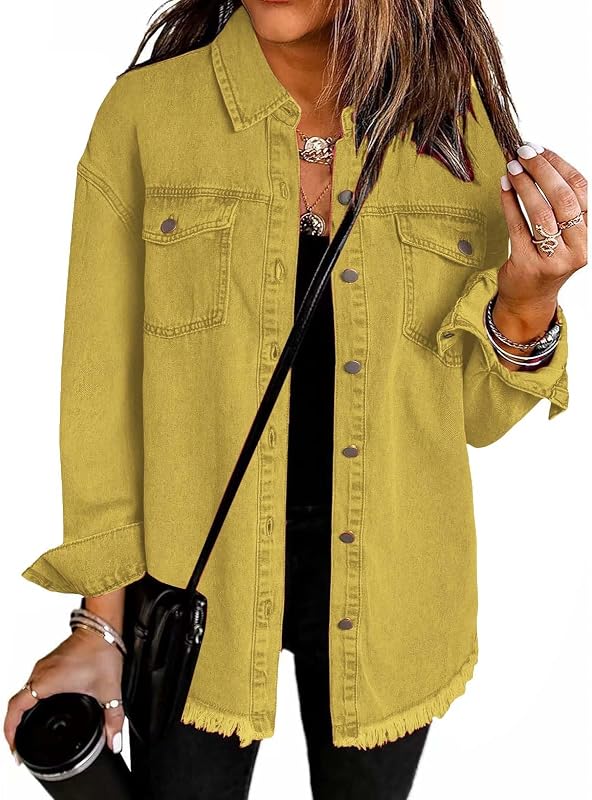 Tatumaie Jacket for Women Oversized Boyfriend Jean Shirts Button Up Frayed Hem Shacket Distressed Ripped Denim Jackets 2025