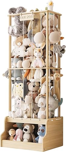 EXPERLAM Stuffed Animal Storage, Wood Stuffed Animal Zoo with Toy Chest, Vertical Stuffed Animal Holder with Thicker Elastic Band, Plushies Storage for Playroom, Living Room, Nurseryroom, Bedroom