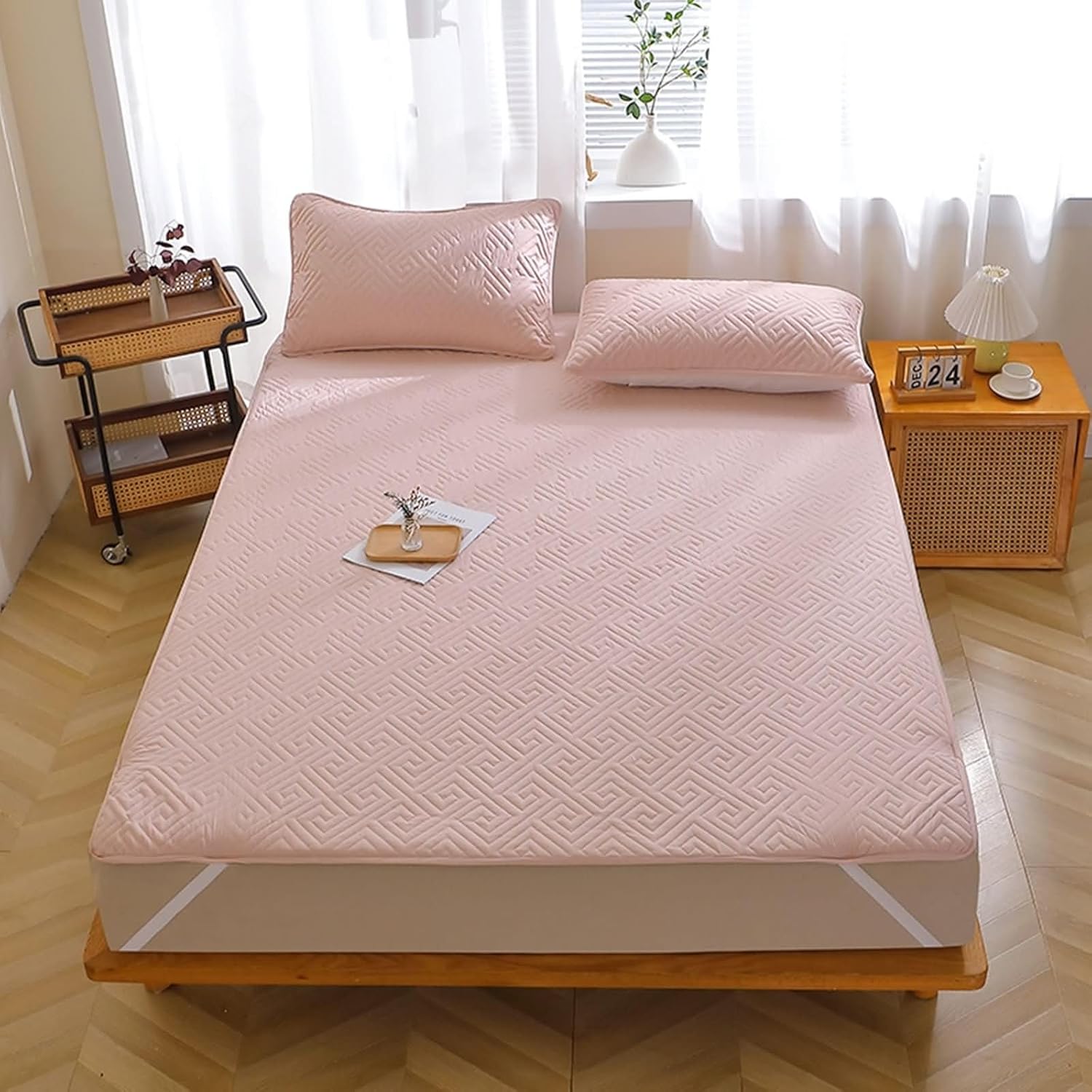 ANAZOZ Beige White Bed Pads Cotton, Solid Color Queen Size Mattress Protector, 59"x79"