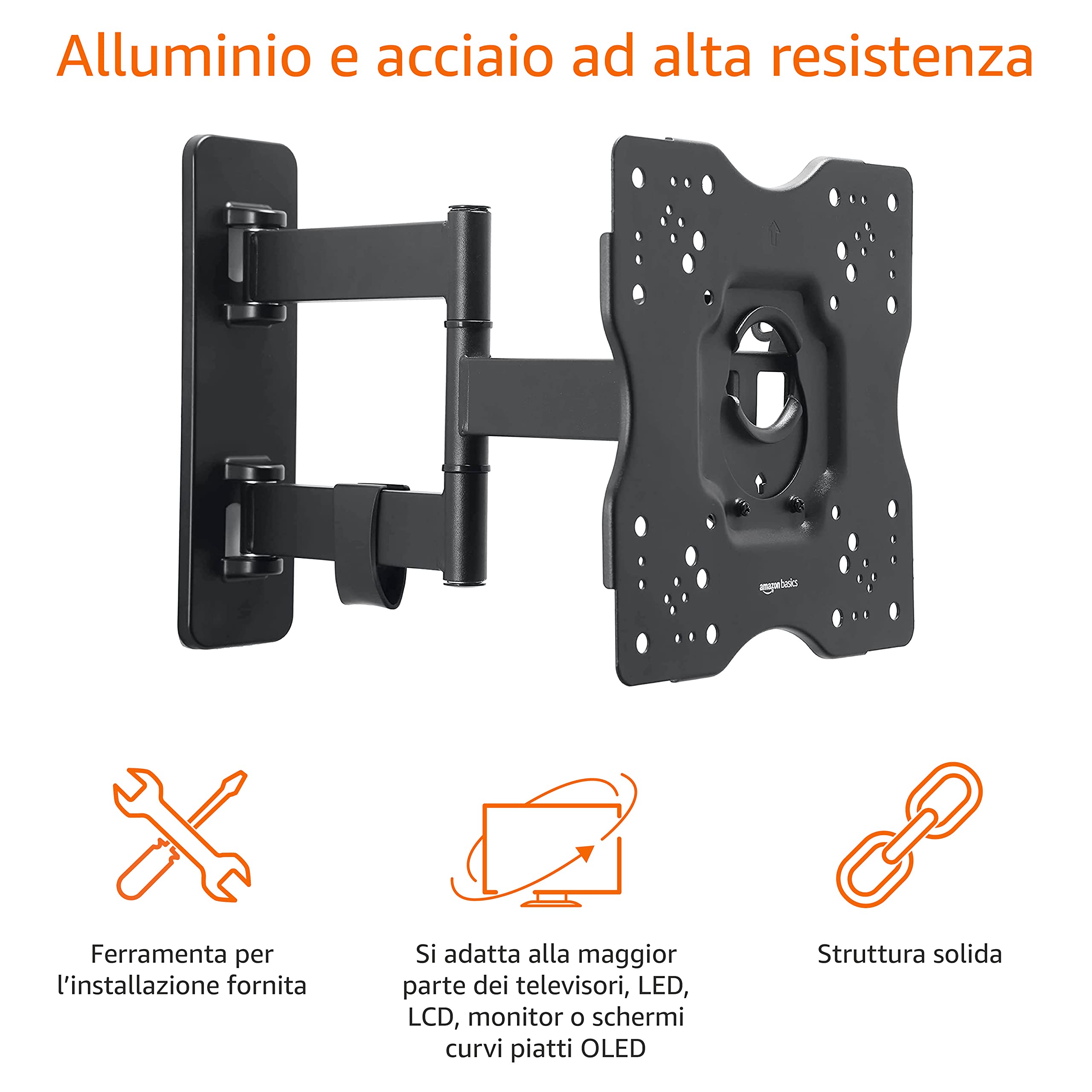 Amazon Basics Supporto da parete per TV orientabile, inclinabile, per TV o monitor piatti e curvi da 66-140 cm, fino a 36 kg, VESA massimo 400 x 400 mm, Nero