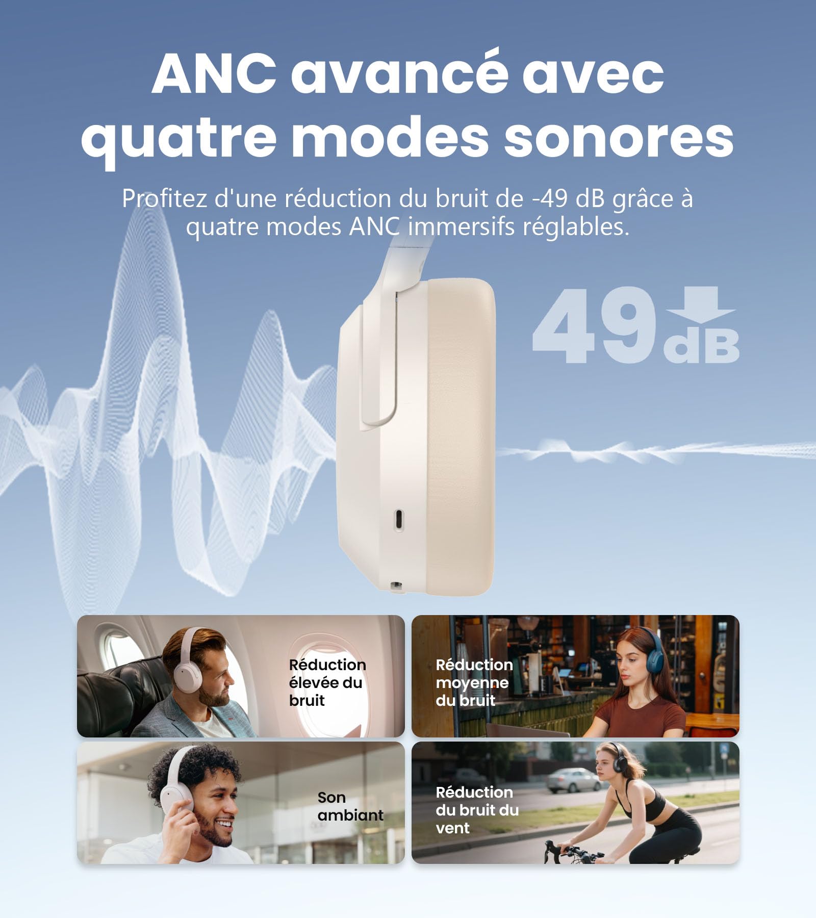 Edifier W820NB Plus Gen 2-Casque Audio Over-Ear Sans Fil Pliable à Réduction de Bruit(ANC -49 dB), LDAC Hi-Res, Autonomie 88h, Son Spatial, Appels Clair AI, Bluetooth V6.1, Multipoint Connexion-Ivoire