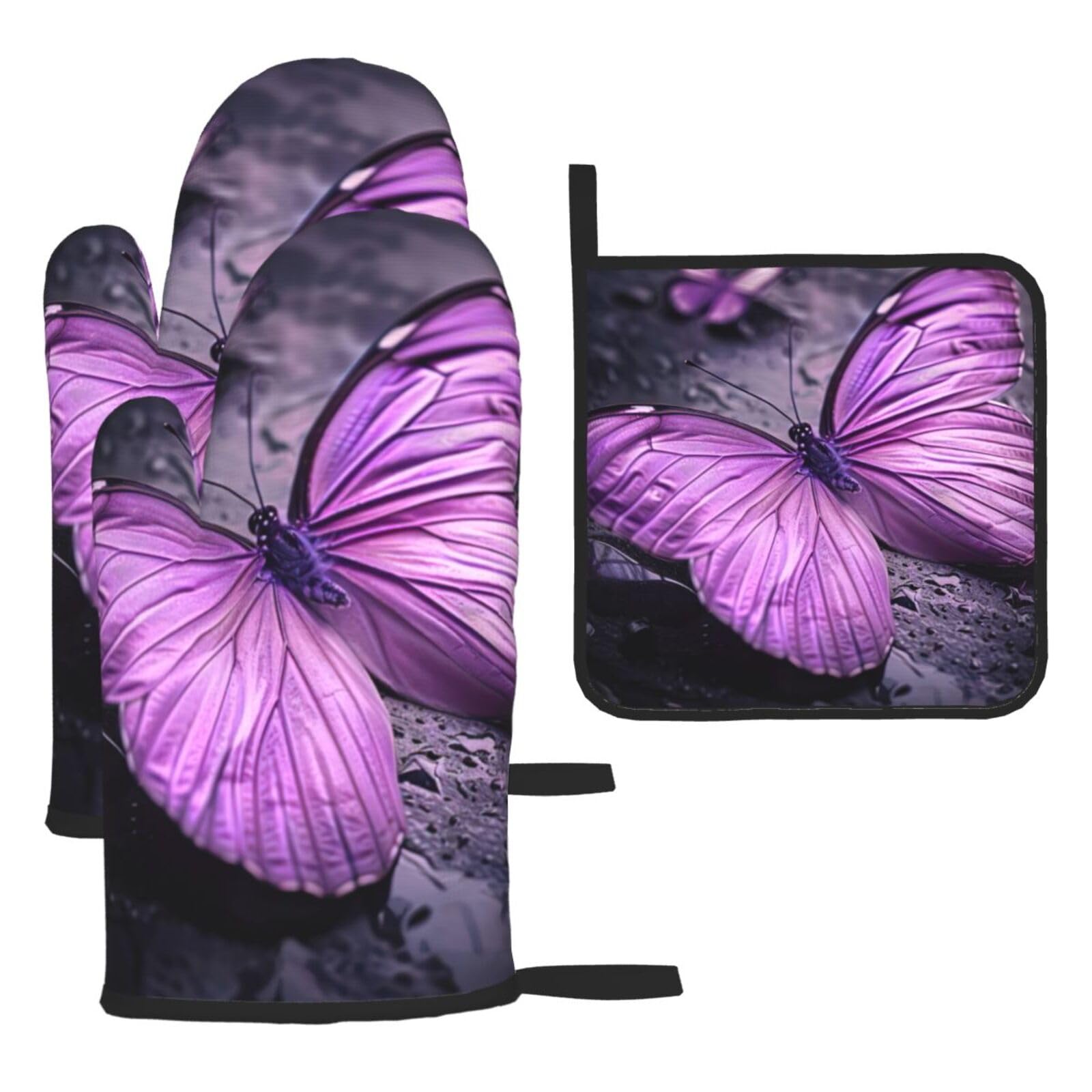 Purple Butterfly Print Oven Kitchen Gloves For Baking Outdoor Grilling Home Use Mitts Microwaving Bbq