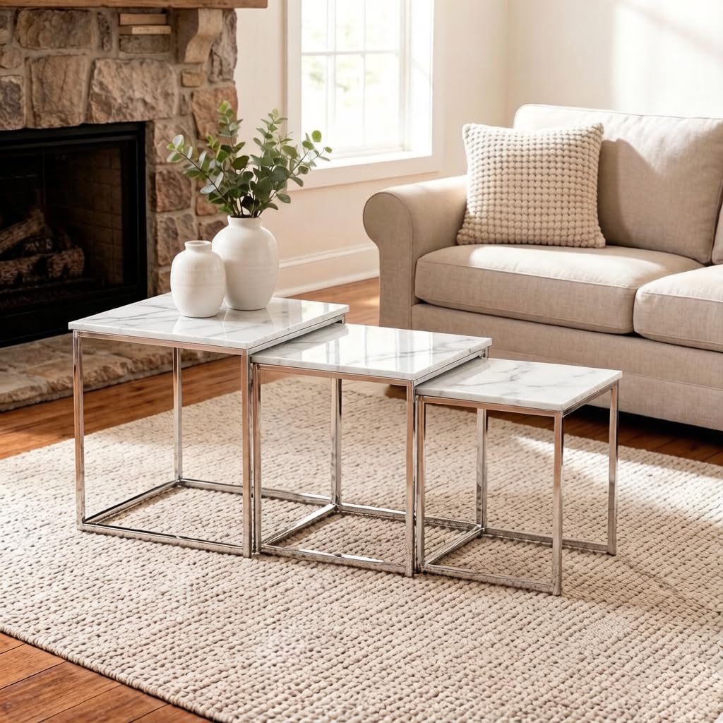 Nesting Tables Set of 3, Stacking End Side Lamp Coffee Table for Living Room, Chrome Frame High Gloss Tabletop (Marble-White)