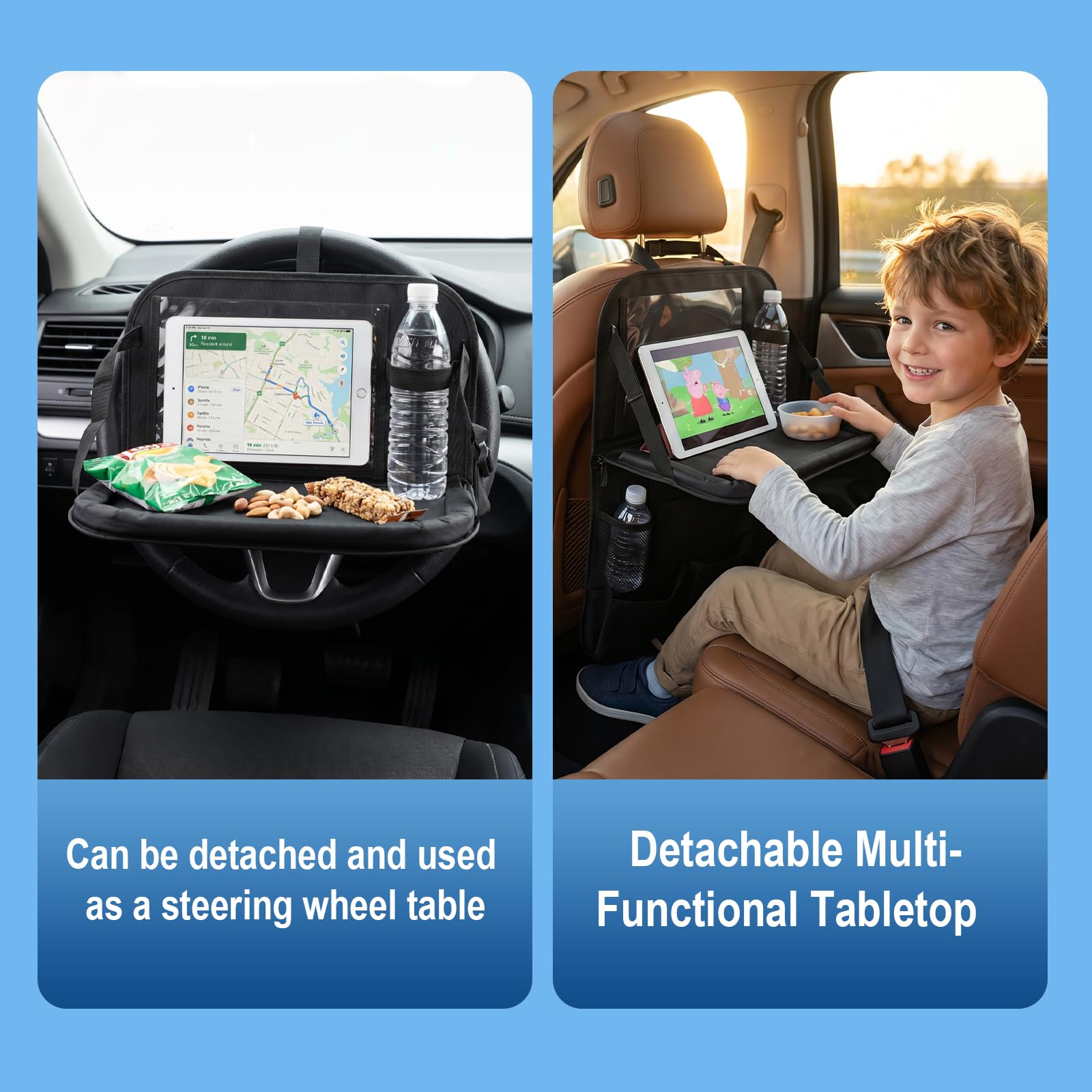 Auto Organizer mit abnehmbarem Klapptisch 62x42cm Rücksitz Organizer 11 Taschen Touchscreen-Fach Wasserdichter Rückenlehnenschutz