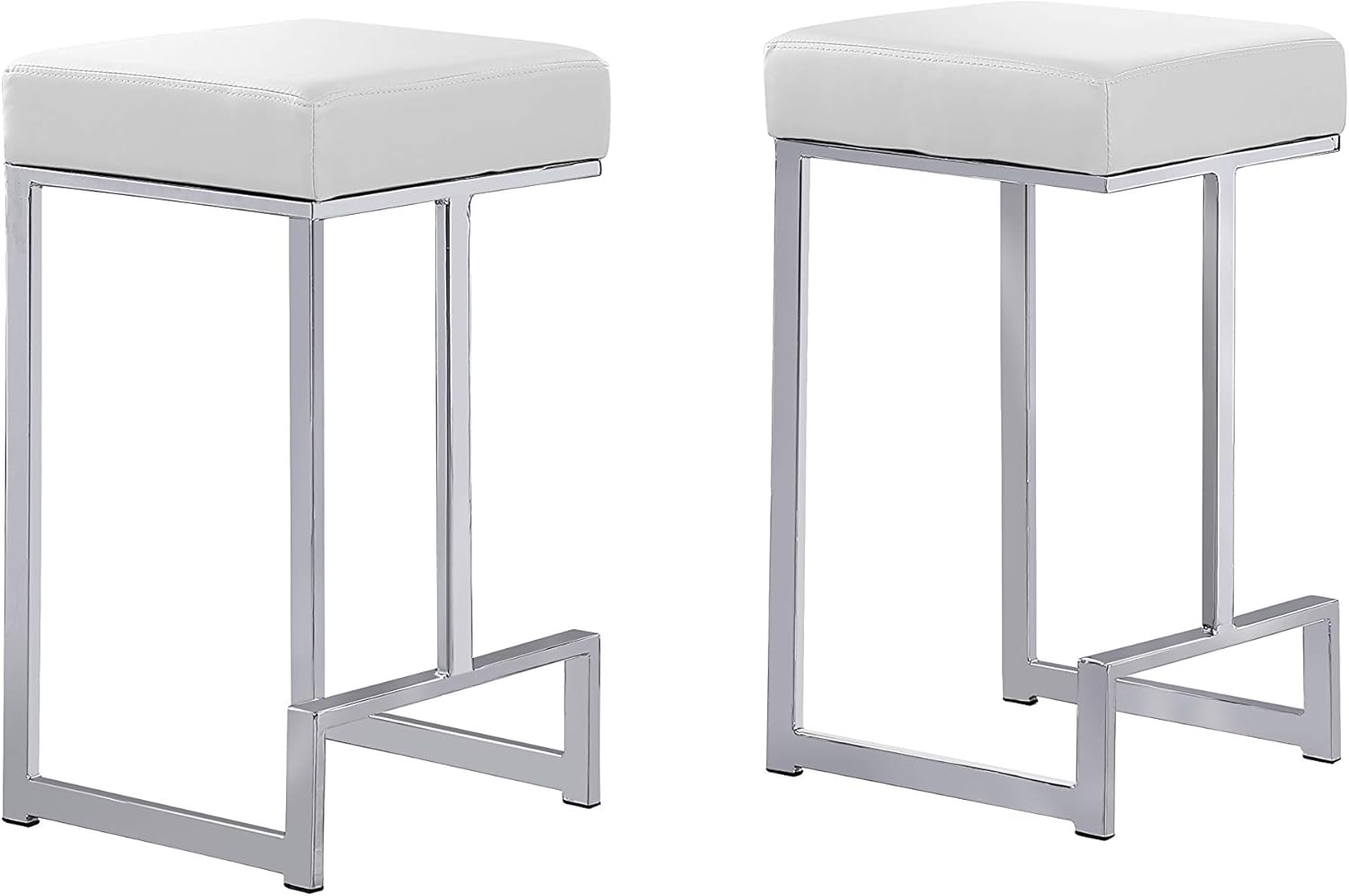 Best Master Furniture Jakob 25" Contemporary Counter Height Stools with Faux Leather Cushions, Chrome Metal Base and Footrest, Modern Minimalist Kitchen or Bar Seating, Set of 2, (White/Chrome)