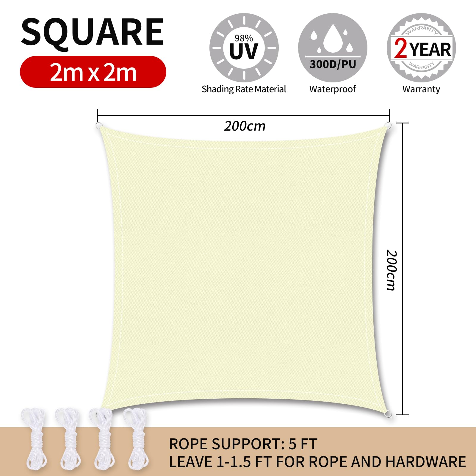 RICHIE Sun Shade Sail 2m x 2m Square Waterproof, 98% UV Block Awnings for Patios with Free Rope Sunscreen Awning Canopy - Image 2