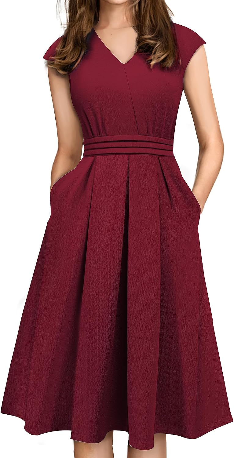 HOMEYEE Women's Vintage 50s Cap Sleeve Pleated Waist Cocktail Retro Flared Dress with Pocket A196