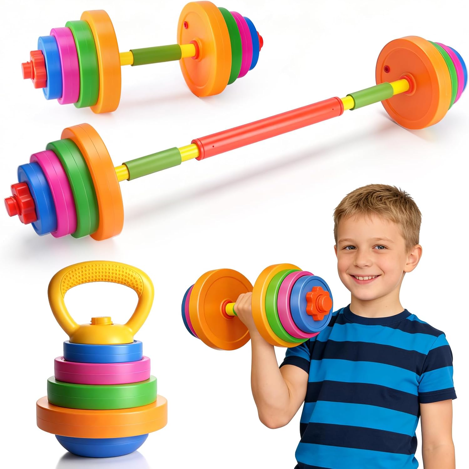 Kids Workout Equipment, 3 in 1 Adjustable Weight Toy Equipment for Children Pretend Play Exercise, Toddler Beginner Gym, Fitness for Birthday Gifts (Dumbbell, Barbell, Kettlebell