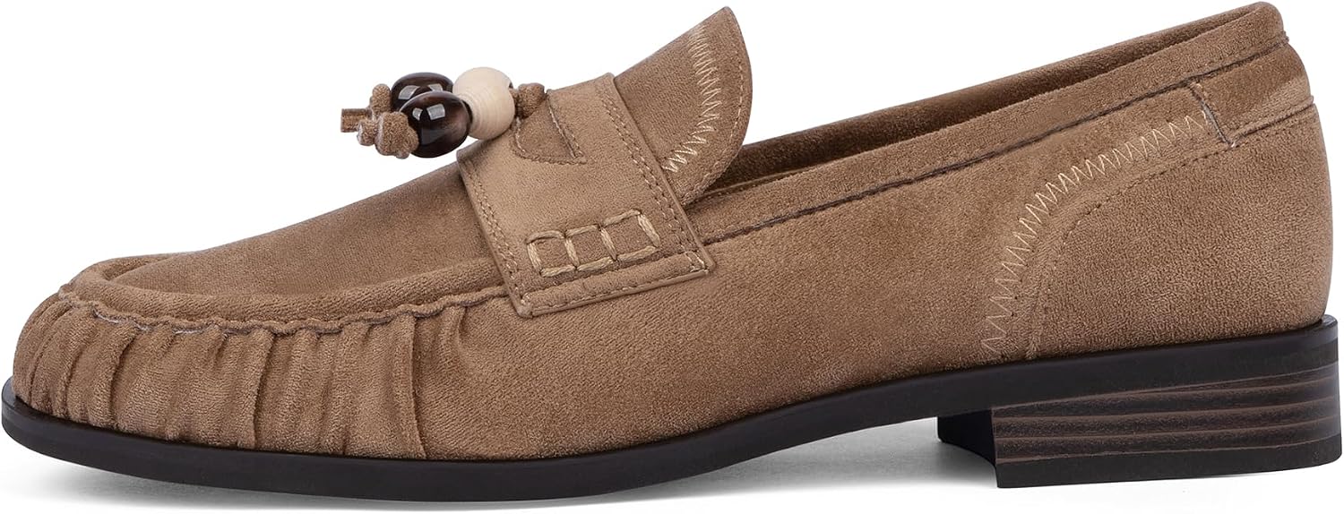 VIUGJNEX Penny Loafers for Women Comfort Flats Shoes Ruched Toe Moccasins