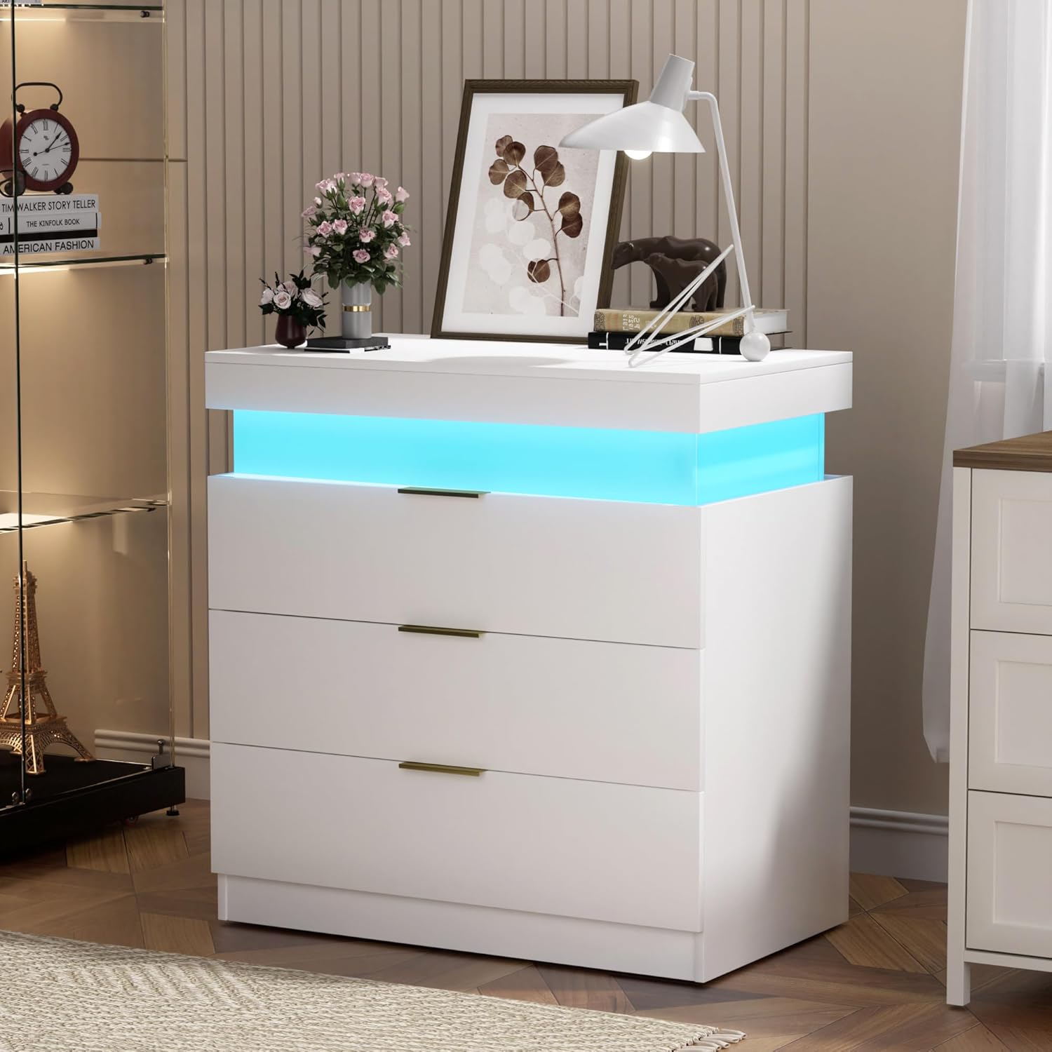 Modern LED Nightstand with Charging Station, 3 Drawers, RGB Lighting, Built-in Power Hub, White End Table, 28.8W x 17D x 30.5H inches (White)