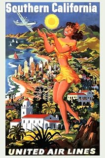 Southern California United Air Lines Airlines Illustrated Vintage Travel Cool Wall Art Print Poster 12x18