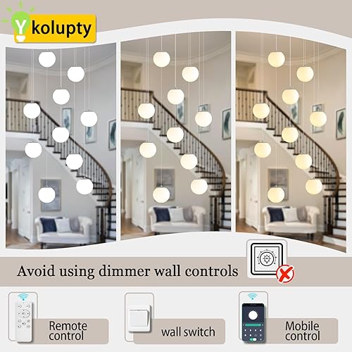 Miniatura 74 de Escalera LED de 10 luces LED moderna con globo de cristal, lámpara colgante grande para techos altos, accesorios de iluminación de entrada, villas y