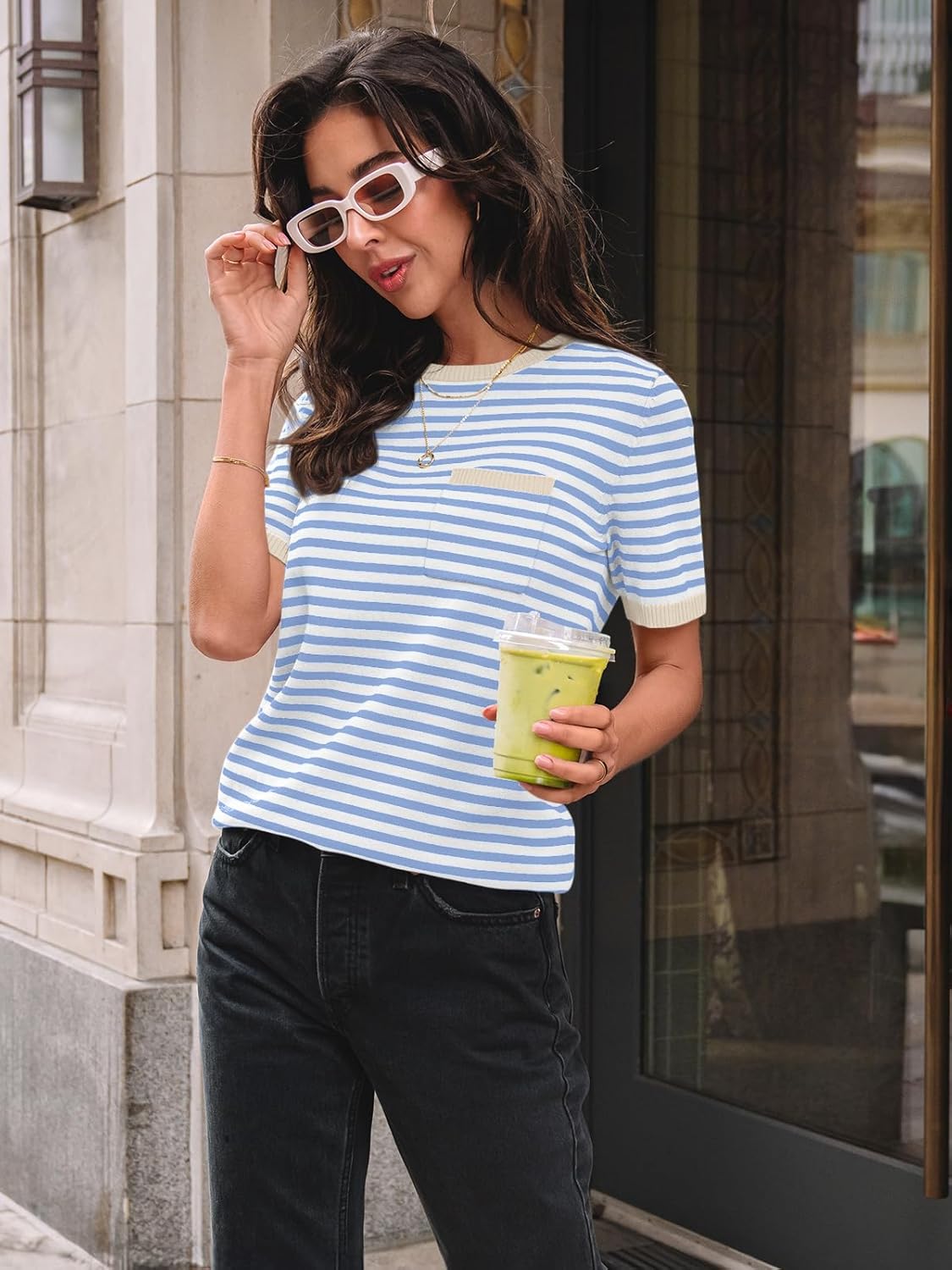 LILLUSORY Womens Striped Short Sleeve Sweater Pullover Shirts with Chest Pocket - Image 3