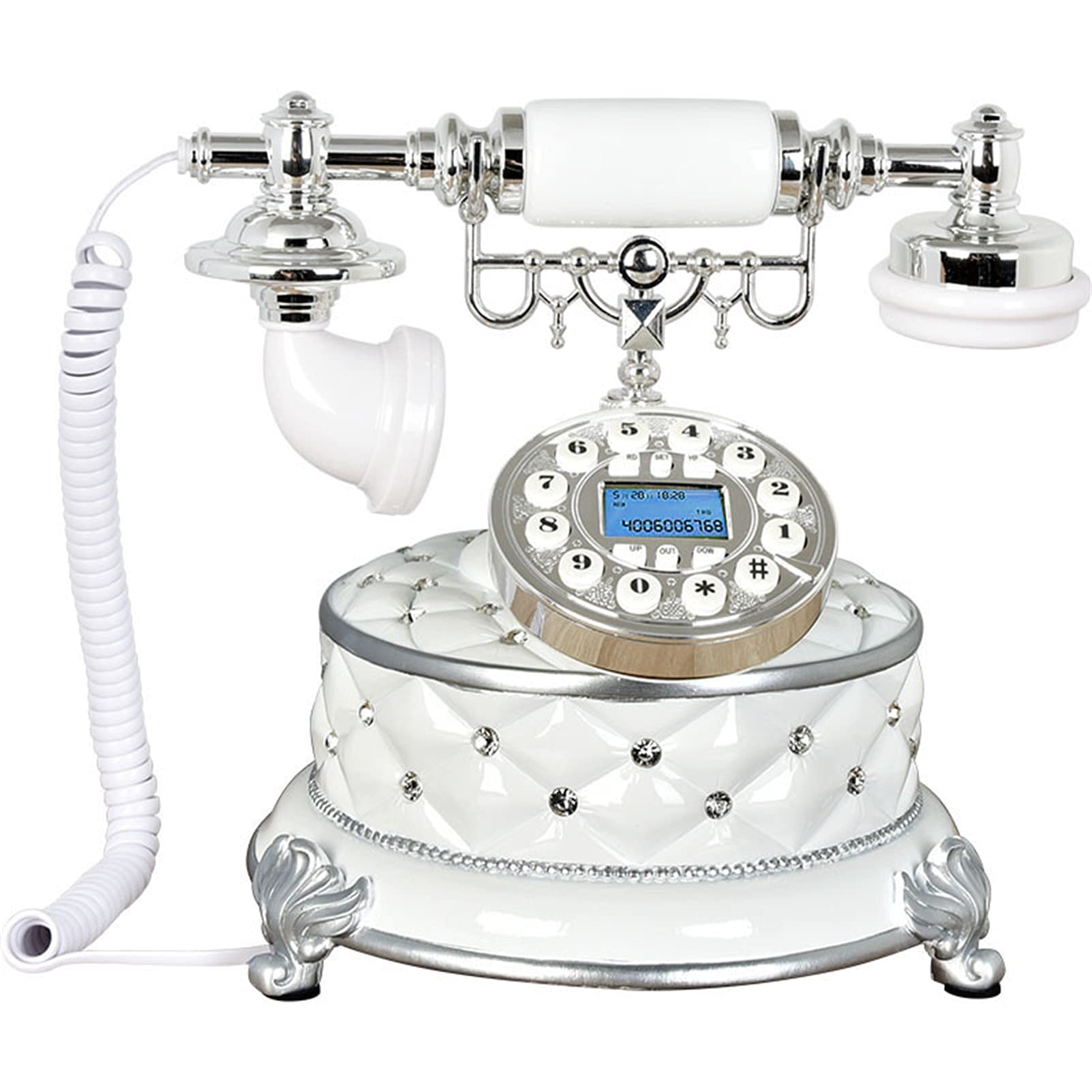 Teléfono retro Teléfono fijo con cable para el hogar, teléfono blanco con identificador de llamadas antiguo, auricular de cable en espiral con marcación por botón, teléfonos decorativos para negocio