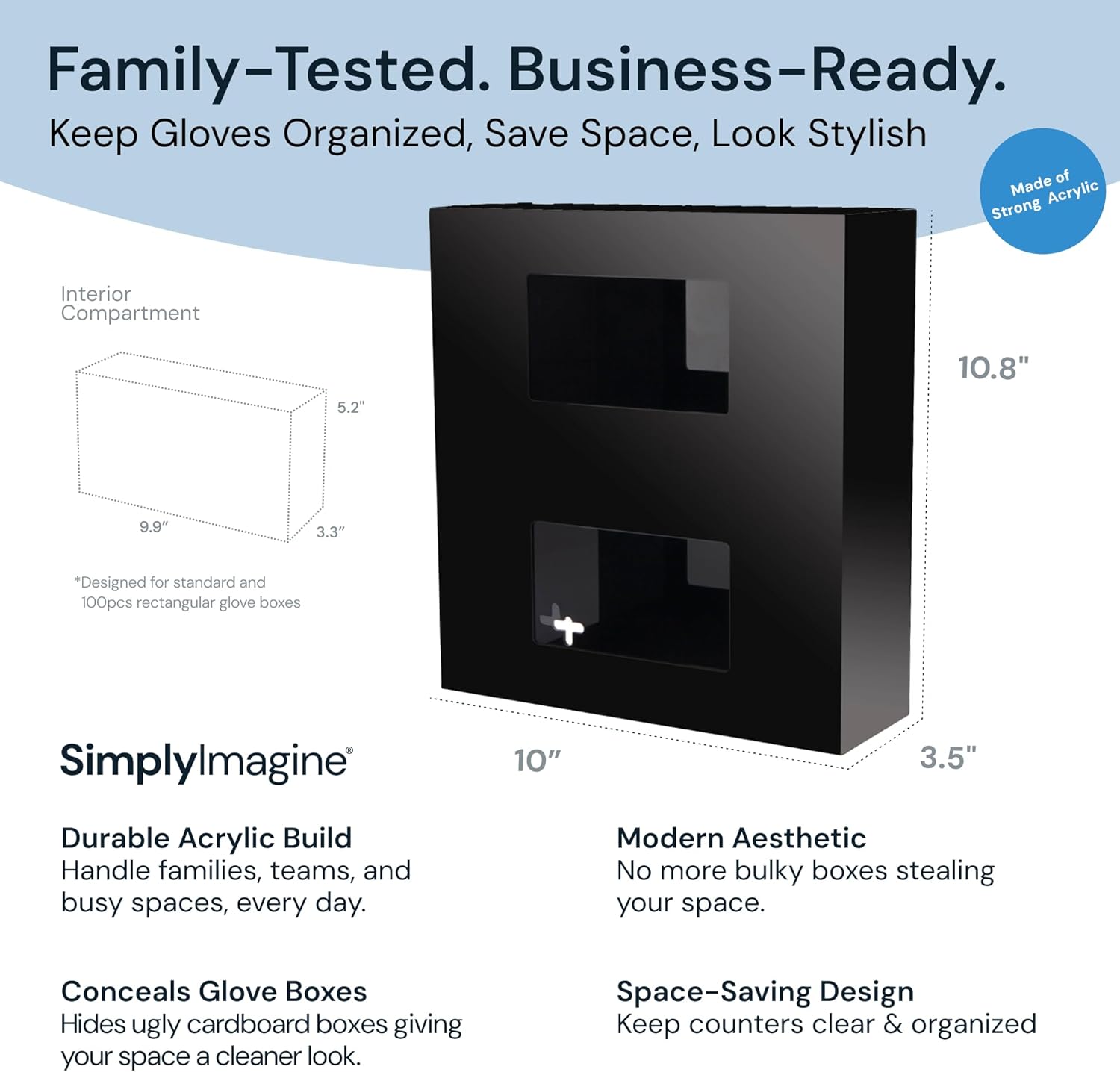 SimplyImagine Double Glove Dispenser Wall Mount - Black Acrylic Glove Holder for Wall Mount - Heavy Duty Side Loading Box Organizer for Tattoo Supplies, Shop Accessories & Professional Labs
