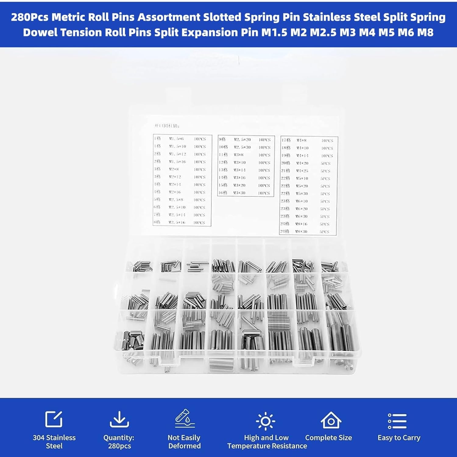 280Pcs Roll Pin Set Stainless Steel Slotted Pins Assortment Kit M1.5 M2 M2.5 M3 M4 M5 M6 M8 with Box