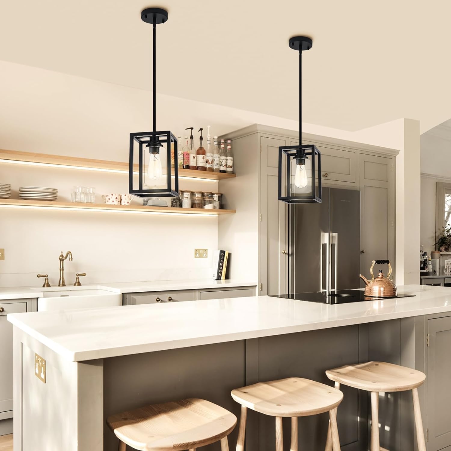 Matte Black Farmhouse Pendant Light Fixtures, Industrial Kitchen Island Light, Rectangle Linear Metal Hanging Lighting Fixture Ceiling Mount with Clear Glass Shade E26 Base for Dining Room, 2 Pack
