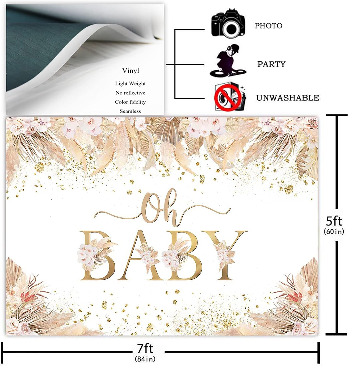 Avezano Boho Baby Shower Backdrop for Girl Oh Baby Pink Pampas Grass Baby Shower Photography Background Bohemian Party Decorations Photoshoot Backdrops (7x5ft)